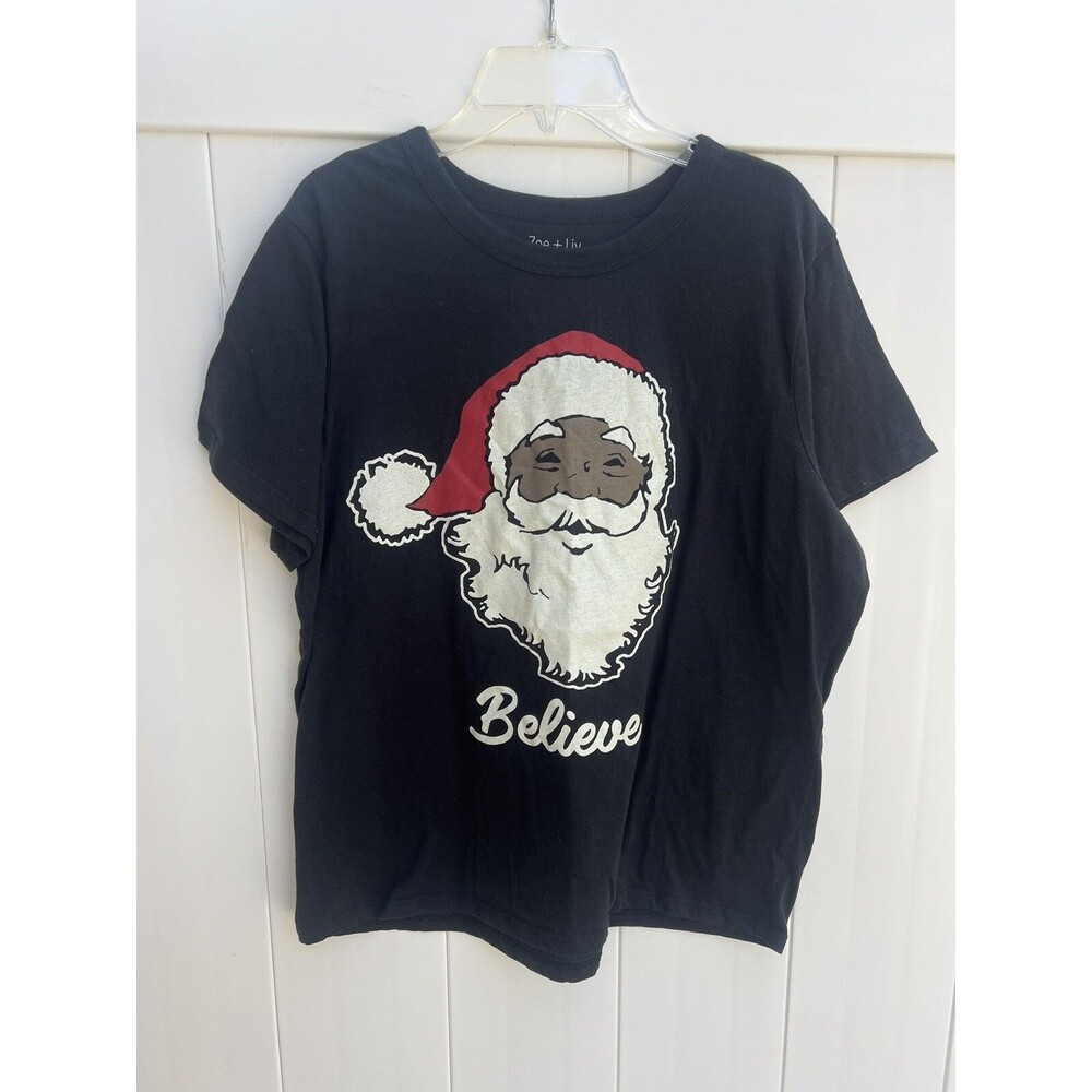 Zoe & Liv Womens Santa Christmas T Shirt Short Sleeve Black Sz Large